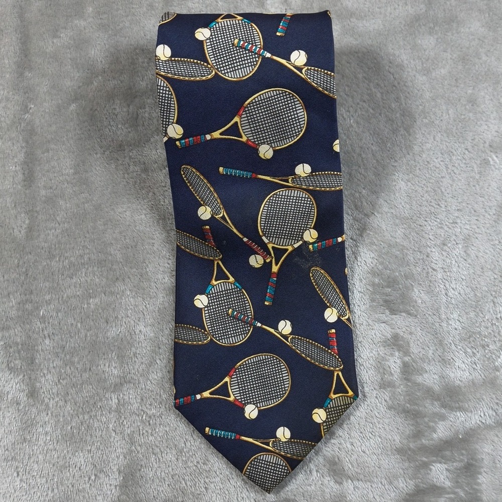 Vintage Alynn Necktie Tennis Tie Mens 57X3.75 Racquet Tennis Ball Silk Made USA